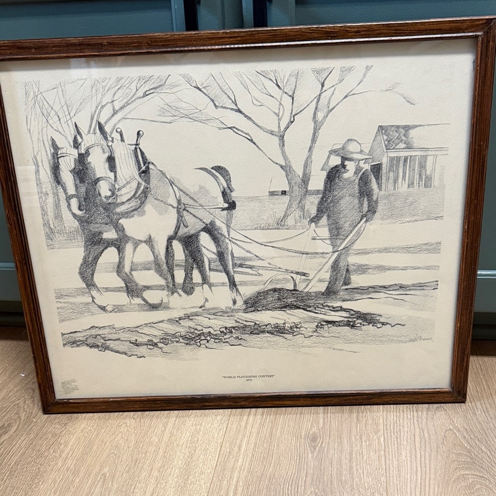 Vintage print “WORLD PLOUGHING CONTEST” 1972 horse pencil drawing print